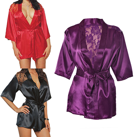 1PC Lingerie Sexy chaude soie dentelle noir Kimono vêtements de nuit intimes Robe Robe de nuit noir violet couleurs ► Photo 1/6
