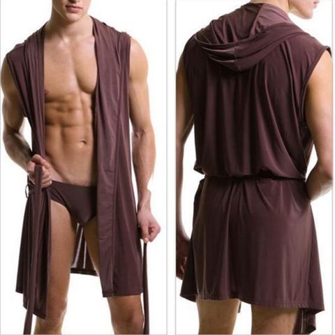 Robe d'été, pyjama en soie pour hommes, peignoir sexy, à capuche, 5 couleurs, XXL ► Photo 1/6