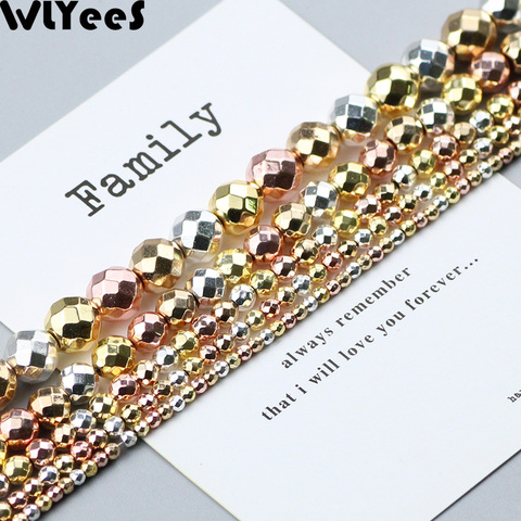 WLYeeS-perle ronde à facettes argent, rose, or, perle en hématite de 2, 4, 6, 8, 10mm, perle d'espacement ample, pour la fabrication de bracelets et de bijoux, DIY ► Photo 1/6