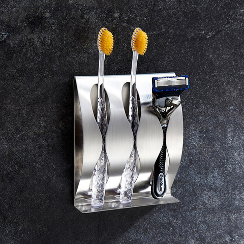 Brosse à dents murale et socle pour rasoir auto-adhésives, en acier inoxydable, armoire de salle de bain organisateur accessoires ► Photo 1/6