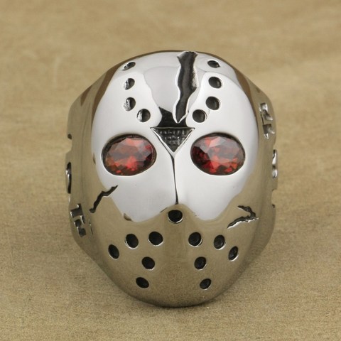 316L acier inoxydable Halloween Jason Hockey rouge CZ yeux hommes anneau 3F301A ► Photo 1/6