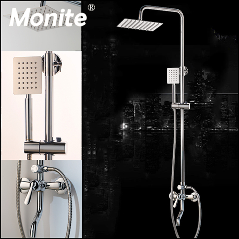 Monite Chrome poli robinet de douche salle de bain 8 pouces pluie mural ensemble de douche mélangeur robinet ajuster la hauteur fonction de poche ► Photo 1/5