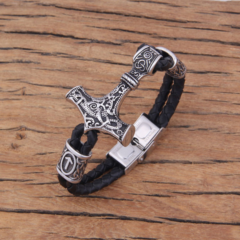 Bracelet Viking en cuir marteau de Thor, avec perles rune, pour hommes et femmes, en cuir 100% et en acier inoxydable 100% ► Photo 1/6