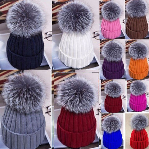 Bonnet de Ski en tricot pour femme, chapeau de grande taille, 15cm, avec pompon, fourrure, renard, hiver ► Photo 1/6