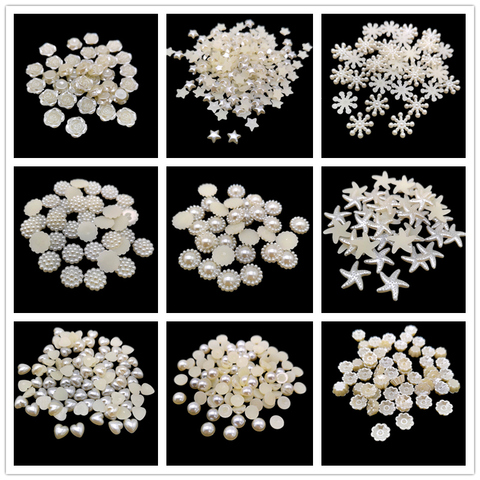 Imitation de perles en résine ABS, 100 pièces, couleur ivoire, dos plat, demi-ronde, artisanat, perles pour scrapbooking, bricolage, décoration ► Photo 1/5