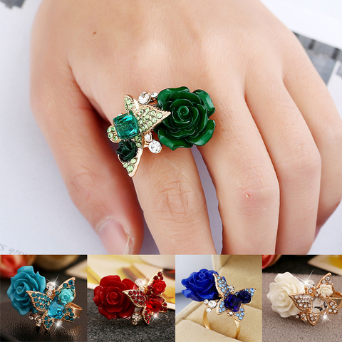 Bague papillon Rose élégante en cristal pour femmes, 5 couleurs, ajustable, cadeau de fiançailles, nouvelle collection ► Photo 1/6