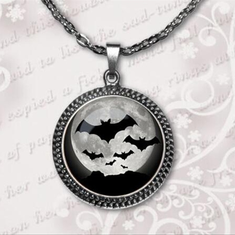 Collier de chauve-souris pour Halloween, pendentif en pleine lune, bijoux pour tours ou friandises, dôme en verre, HZ1, A-041-2 ► Photo 1/6