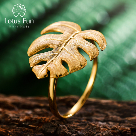 Lotus Fun réel 925 argent Sterling concepteur naturel Bijoux fins 18K or Monstera feuilles anneau anneaux réglables pour les femmes Bijoux ► Photo 1/6