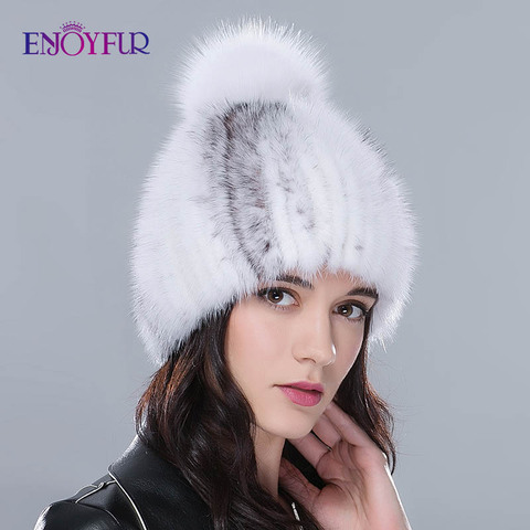 Chapeau en vraie fourrure de vison pour femme, bonnet tricoté de luxe de haute qualité avec pompon en fourrure de renard, nouvelle collection hiver ► Photo 1/6