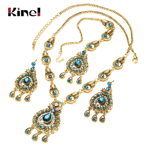 Ensembles de bijoux Vintage de l'inde, pendentifs, collier, boucle d'oreille pour femmes, mosaïque de couleur or, cristal bleu, cadeaux de fête ► Photo 1/6