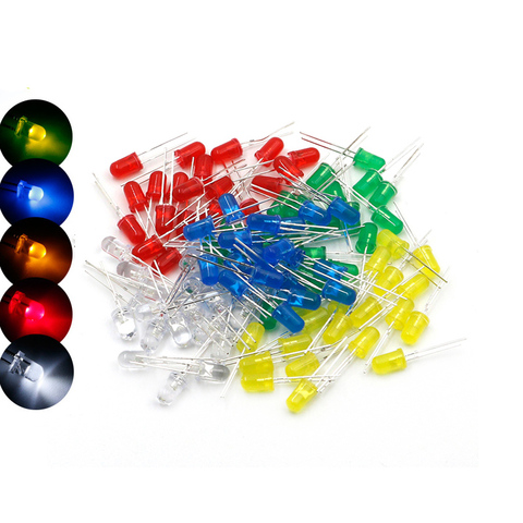 100 pièces 5mm diode LED lumière assortiment Kit bricolage LED ensemble blanc jaune rouge vert bleu électronique bricolage kit ► Photo 1/1