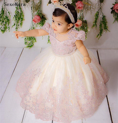 Mignon rose dentelle fleur fille robe bébé enfant en bas âge tulle robe d'anniversaire enfants vêtements pour mariage et fête à manches courtes ► Photo 1/5