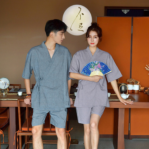 Yukata-pyjama de Style japonais pour Couple adulte, ensemble de vêtements de nuit en coton Kimono court, col en v, homme Jinbei ► Photo 1/6