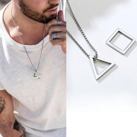 Pendentif en triangle et carré qui s'emboîtent pour homme, bijou masculin empilable très populaire en acier inoxydable et moderne à forme géométrique, collier style streetwear à la mode ► Photo 1/6