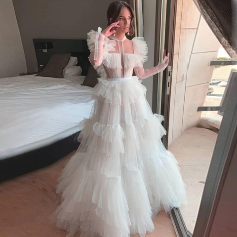 Robe de soirée en Tulle blanc, manches longues, bouffante, à volants, pour mariage, sur mesure ► Photo 1/5
