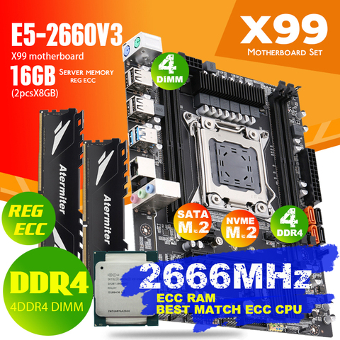 Atermiter X99 D4 carte mère ensemble avec Xeon E5 2660 V3 LGA2011-3 CPU 2 pièces X 8GB = 16GB 2666MHz DDR4 mémoire REG ECC RAM ► Photo 1/5