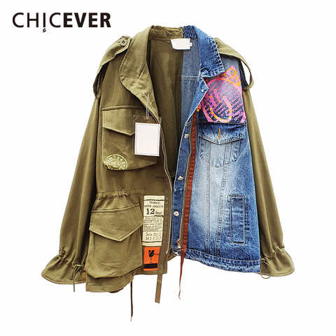 CHICEVER 2022 printemps automne haute qualité revers à manches longues faux deux pièces Denim Patchwork Vintage manteau femmes veste femmes ► Photo 1/6