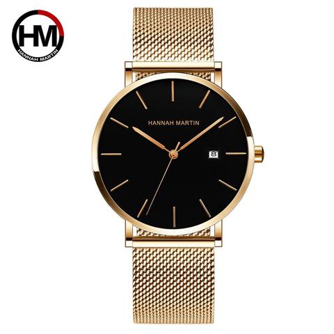 Montre de luxe pour hommes, bracelet en acier inoxydable noir et doré, Ultra fin, étanche, Top marque, japon, Quartz, calendrier ► Photo 1/6