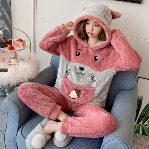 Mignon ensemble de pyjamas 2 pièces femmes vêtements de nuit chaud hiver épais corail polaire à capuche dessin animé fille Homewear Animal pyjamas nuisette ► Photo 1/6