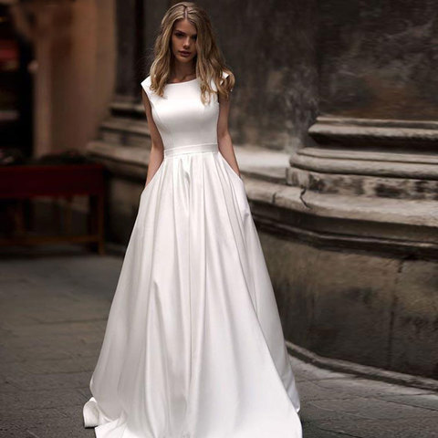 Ivoire blanc robe satin Robe De soirée de mariage robe De soirée longue formelle simple robe de soirée mariée à être ► Photo 1/3