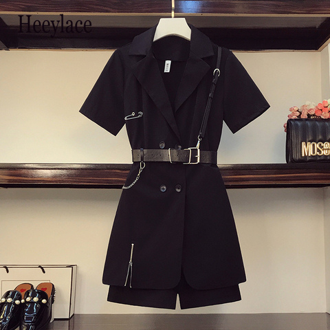 Ensemble Mini robe Blazer et Short noir pour femme, grande taille, Style Punk, manches courtes, Double boutonnage, fermeture éclair, été ► Photo 1/6