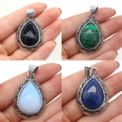 Pendentif en pierre naturelle, Lapis-lazuli, agate, Antique, couleur argent, cristal rouge pour collier, fournitures pour la fabrication de bijoux ► Photo 1/6