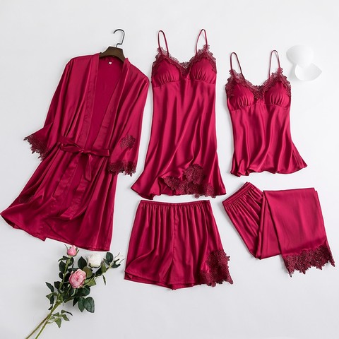 5 pièces Robe ensemble pyjama pour femmes ensembles chemise de nuit nouveau vêtements de nuit Kimono Robe Robe intime Lingerie dentelle chemise de nuit peignoir ► Photo 1/5