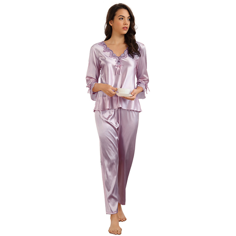 Coméoncher Wanzi pyjamas femmes Satin soie pyjama trois quarts manches Nuisette Femme pyjama vêtements de nuit deux pièces vêtements de nuit R80883 ► Photo 1/6