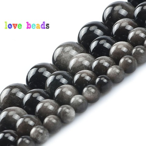 Perles minérales naturelles en obsidienne, couleur argent, rondes, amples, pour la fabrication de bijoux, accessoires pour bracelets, 15 pouces, 6 à 12mm ► Photo 1/6