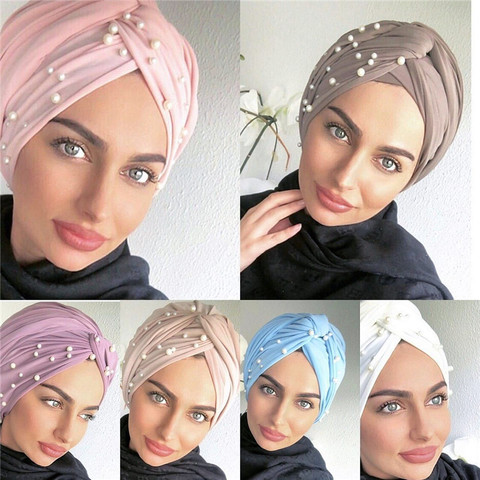 Mode femmes musulmanes coton turban hijab perles foulard casquettes femme envelopper tête foulards islamique tête écharpe turbante mujer ► Photo 1/6