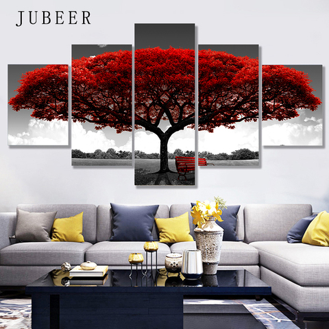 Toile d'affiches modulaires HD 5 pièces | Décorations murales pour décoration de maison, arbre rouge, paysage, peintures de paysage, sans cadre ► Photo 1/6