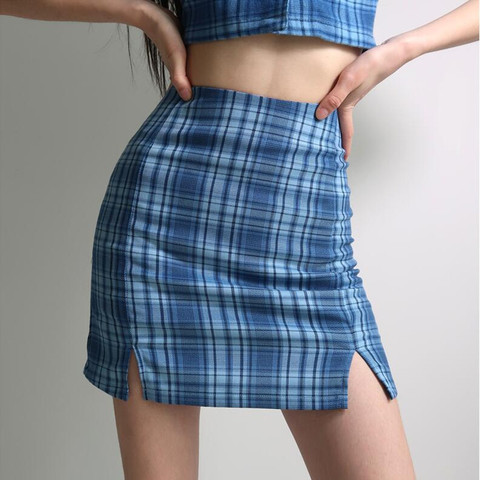 Mini jupe à carreaux bleu pour femmes, vintage, fendue, chic, streetwear, à la mode, été, 2022 ► Photo 1/6