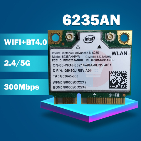 Carte Lan sans fil pour Intel Centrino Advanced-N 6235 6235ANHMW 6235AN, Bluetooth 4.0, Mini PCI-E, 2.4G/5Ghz, Wlan + BT 4.0, 05K9GJ ► Photo 1/1