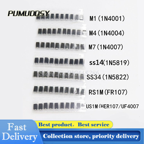 Paquet de diodes SMD, 70 pièces/lot = 7 sortes * 10 pièces/M1 (1N4001) / M4 (1N4004) / M7 (1N4007)/ SS14 US1M RS1M SS34 Kit ► Photo 1/1