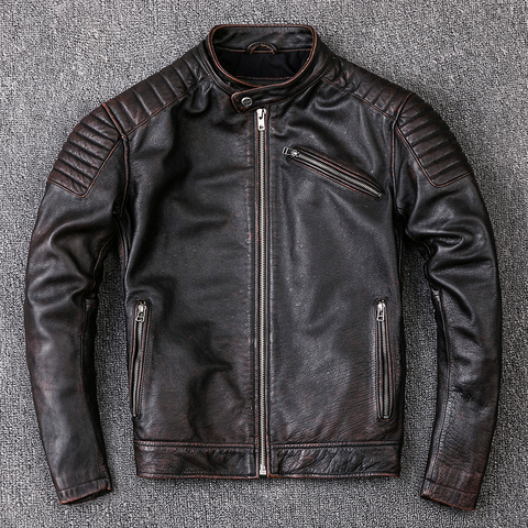 Veste de motard vintage en cuir de vache, vêtements de marque en cuir véritable pour hommes, manteau en cuir cool de qualité, livraison gratuite ► Photo 1/4