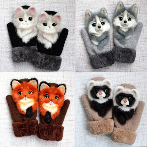 Drôle mignon chat dessin animé hiver chaud enfants gants Plus velours épaissi filles gants 17cm cadeaux de noël enfants tricot mitaines ► Photo 1/6