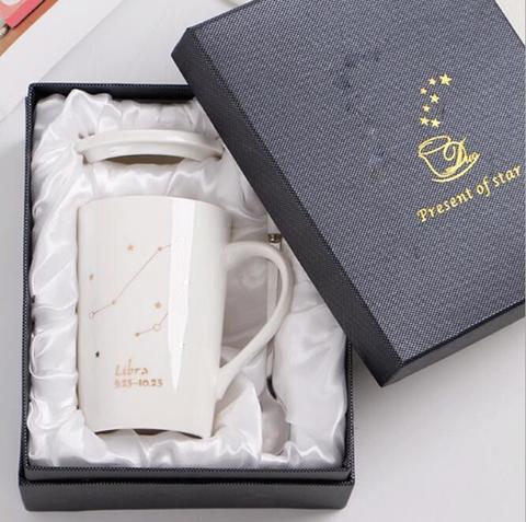 Avec boîte-cadeau 12 Constellations céramique créative tasses avec cuillère couvercle blanc porcelaine zodiaque lait tasse à café 400ML eau 1 ensemble ► Photo 1/6