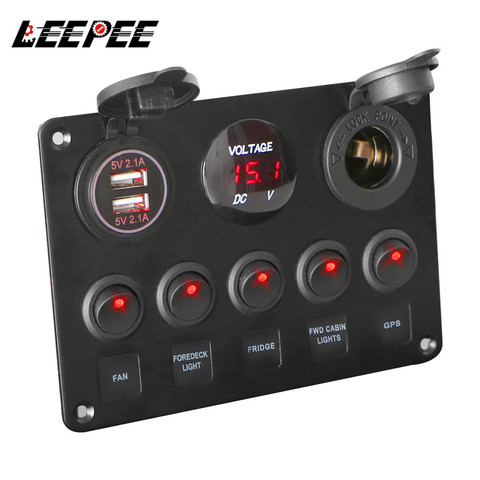 LEEPEE 5 Gang 12V étanche intégré panneau de commutation voltmètre numérique double Port USB pour voiture Marine LED accessoires à bascule ► Photo 1/6