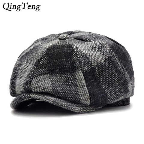 Hiver Plaid bérets casquettes pour hommes laine chaude épaissir casquette gavroche pour les femmes Vintage octogonale détective peintre chapeaux rétro casquette plate ► Photo 1/6