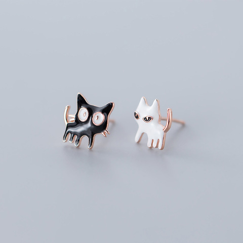 MloveAcc belle 925 en argent Sterling boucle d'oreille goujon noir blanc émail petit chat boucles d'oreilles femmes filles mode enfants boucles d'oreilles ► Photo 1/4