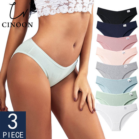 CINOON 3 pièces/ensemble culotte femme rayé sous-vêtements en coton couleur unie slips taille basse culotte douce femmes caleçons Lingerie femme ► Photo 1/6