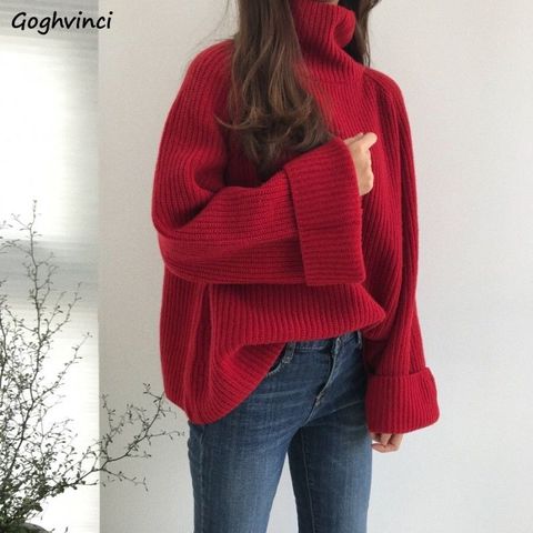 Pull col roulé épaississement solide tricoté hiver femmes Flare manches Harajuku mode loisirs Outwear rouge ample Simple Chic Ins ► Photo 1/6