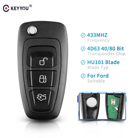 KEYYOU – clé télécommande repliable à 3 boutons pour FORD Focus Fiesta Mondeo, 433MHz, puce 4D63, avec lame ASK, modèle HU101 ► Photo 1/6