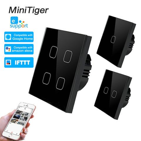 Minitiger-interrupteur mural tactile ewelink, 1/2/3/4 boutons, sans fil, 1 voie, wi-fi, Standard EU, pour maison connectée en verre cristal ► Photo 1/6