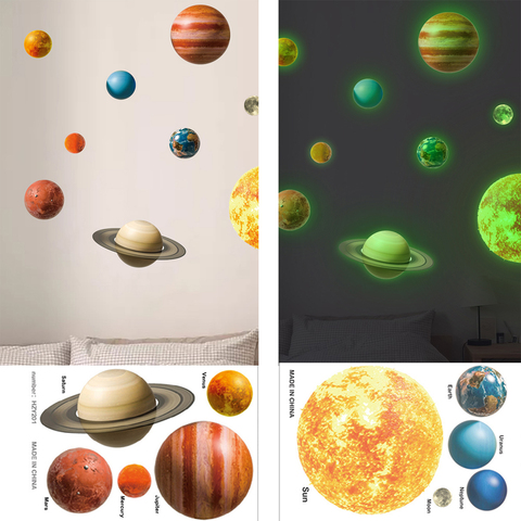 Autocollants de décor à la maison brillent dans les planètes rondes sombres étoiles PVC Stickers muraux pour les chambres d'enfants Pegatinas Paredes Decoraci n livraison directe c ► Photo 1/6