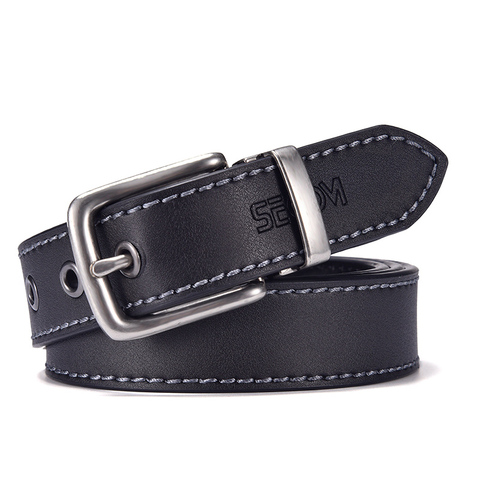 Ceinture noire en cuir véritable pour homme, à la mode, 3.0 cm, boucle en argent, bonne qualité, pour Jeans ► Photo 1/6