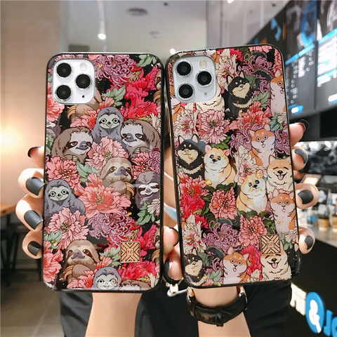 Dessin Animé mignon Fleur Shiba Inu Chien Paresseux Étui En Silicone Pour iPhone 11 12 Mini Pro Xs Max SE XR X 6 6s 7 8 Plus Paillettes Couverture Souple ► Photo 1/6