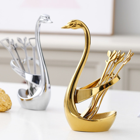 Service de vaisselle en forme de cygne en acier inoxydable, couverts à fruits/desserts en or pour support de Base de cygne fourchettes à feuilles argentées cuillère à café Portable ► Photo 1/6