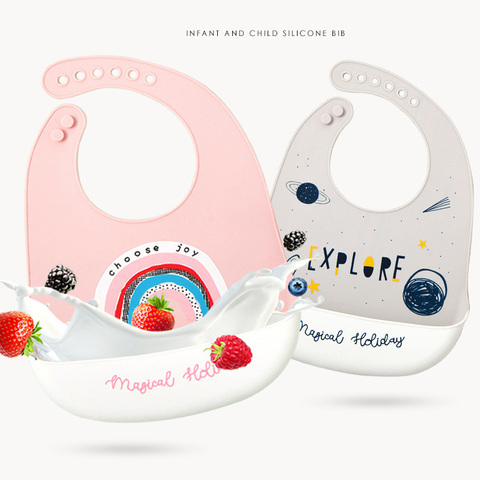 Bavoirs imperméables en Silicone pour bébés, filles et garçons, mignons imprimés de dessins animés, accessoires d'alimentation pour bébés en bas âge, bavoir ajustable ► Photo 1/6