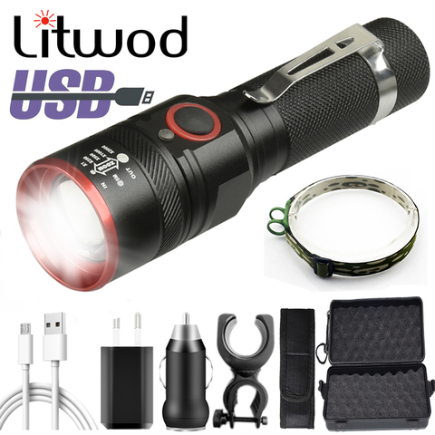 Lampe de poche Led XM-L T6 USB Rechargeable 18650 batterie torche 3000lm aluminium étanche 3 Mode lanterne pour cyclisme Camping Litwod ► Photo 1/6